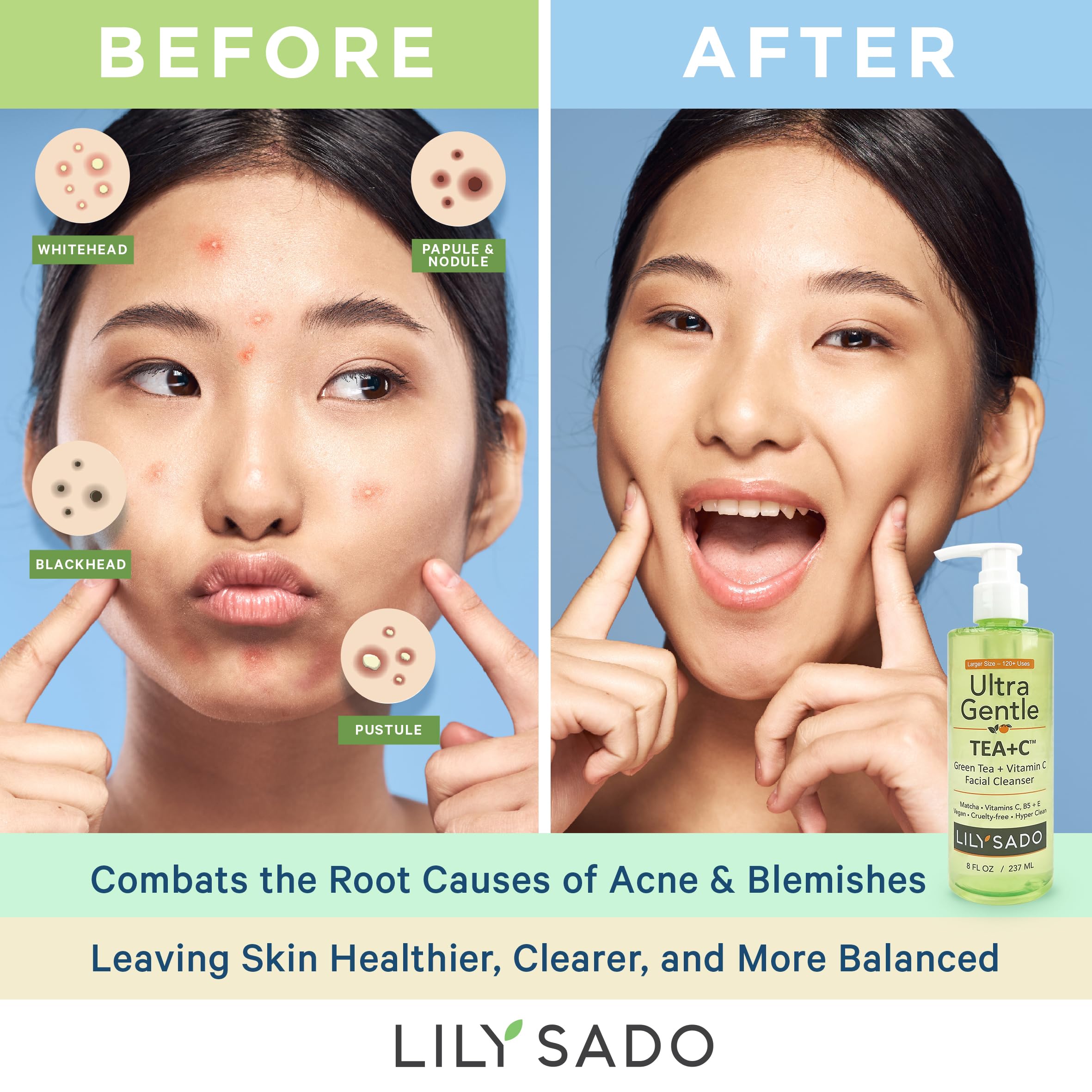 LILY SADO TEA+C Green Tea & Vitamin C Face Cleanser – Gentle Daily Vegan Facial Wash (8 oz)