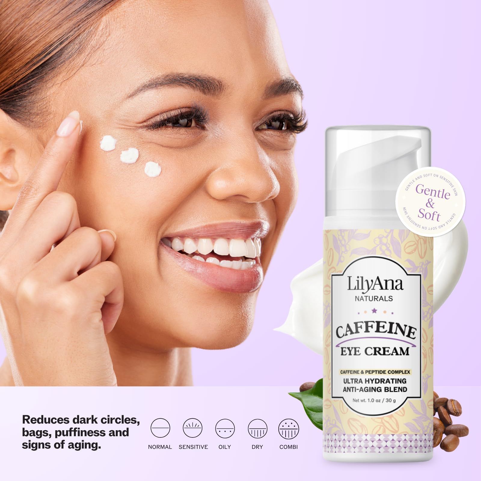LilyAna Naturals Caffeine Eye Cream with Peptides – Dark Circles & Puffiness, 1.0 oz