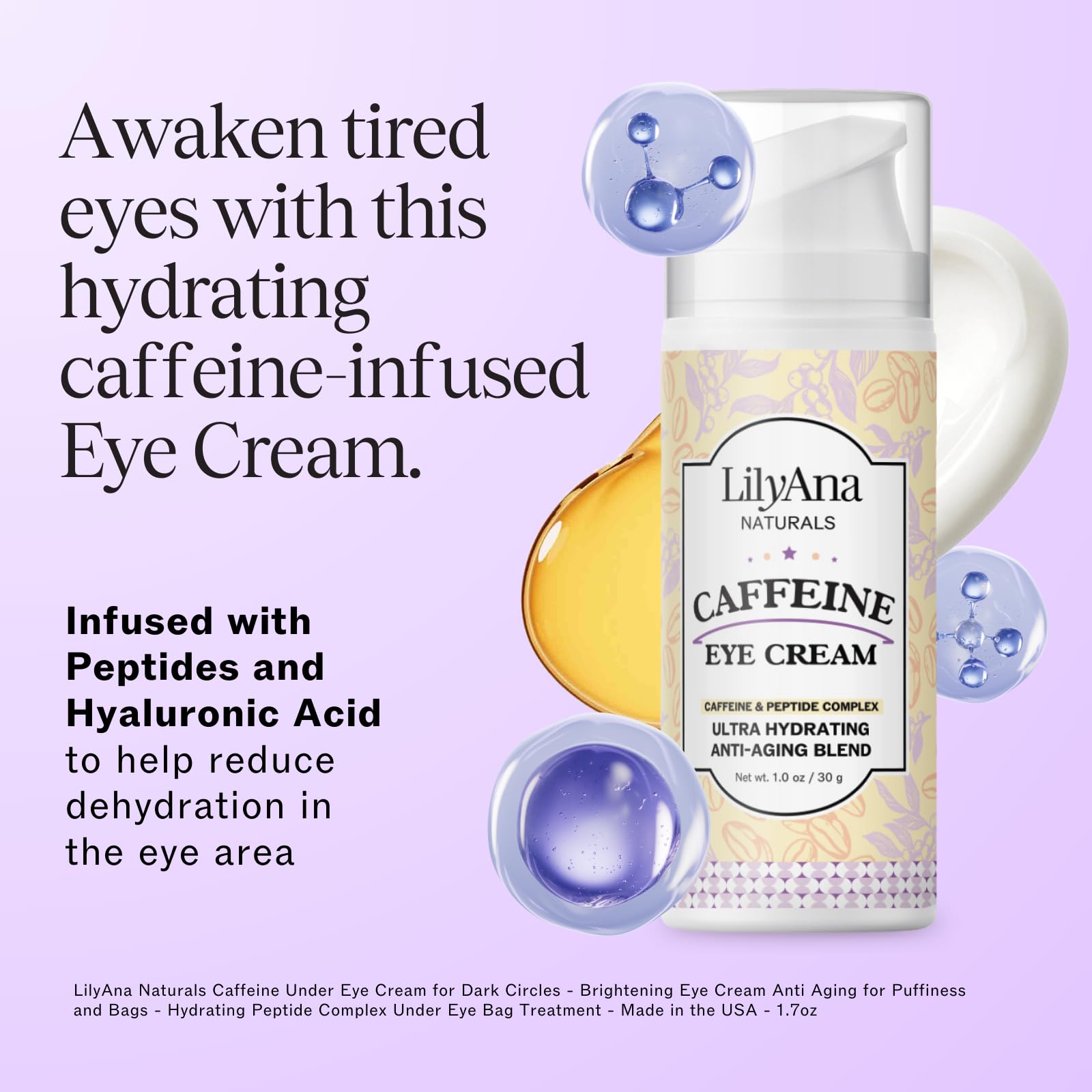 LilyAna Naturals Caffeine Eye Cream with Peptides – Dark Circles & Puffiness, 1.0 oz