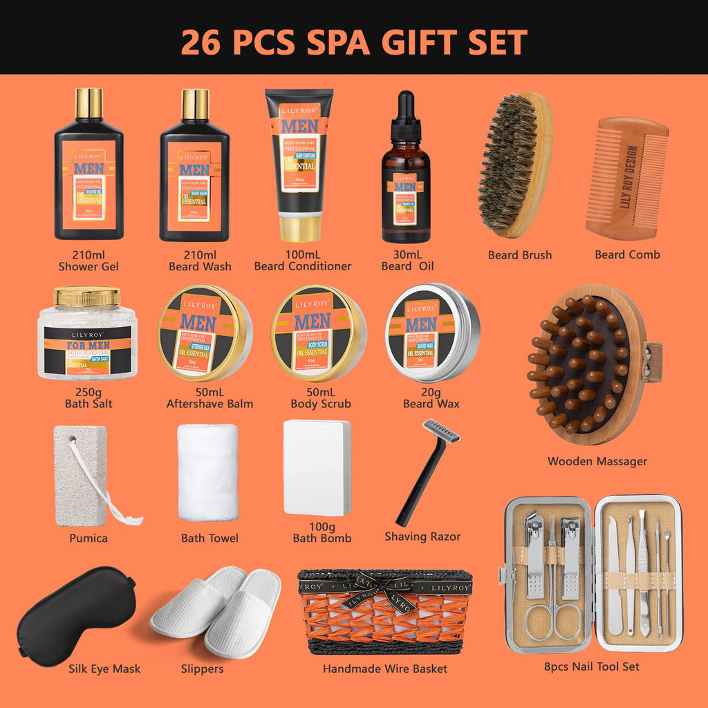 LILY ROY 26-Piece Men’s Spa Gift Basket – Luxury Grooming Set