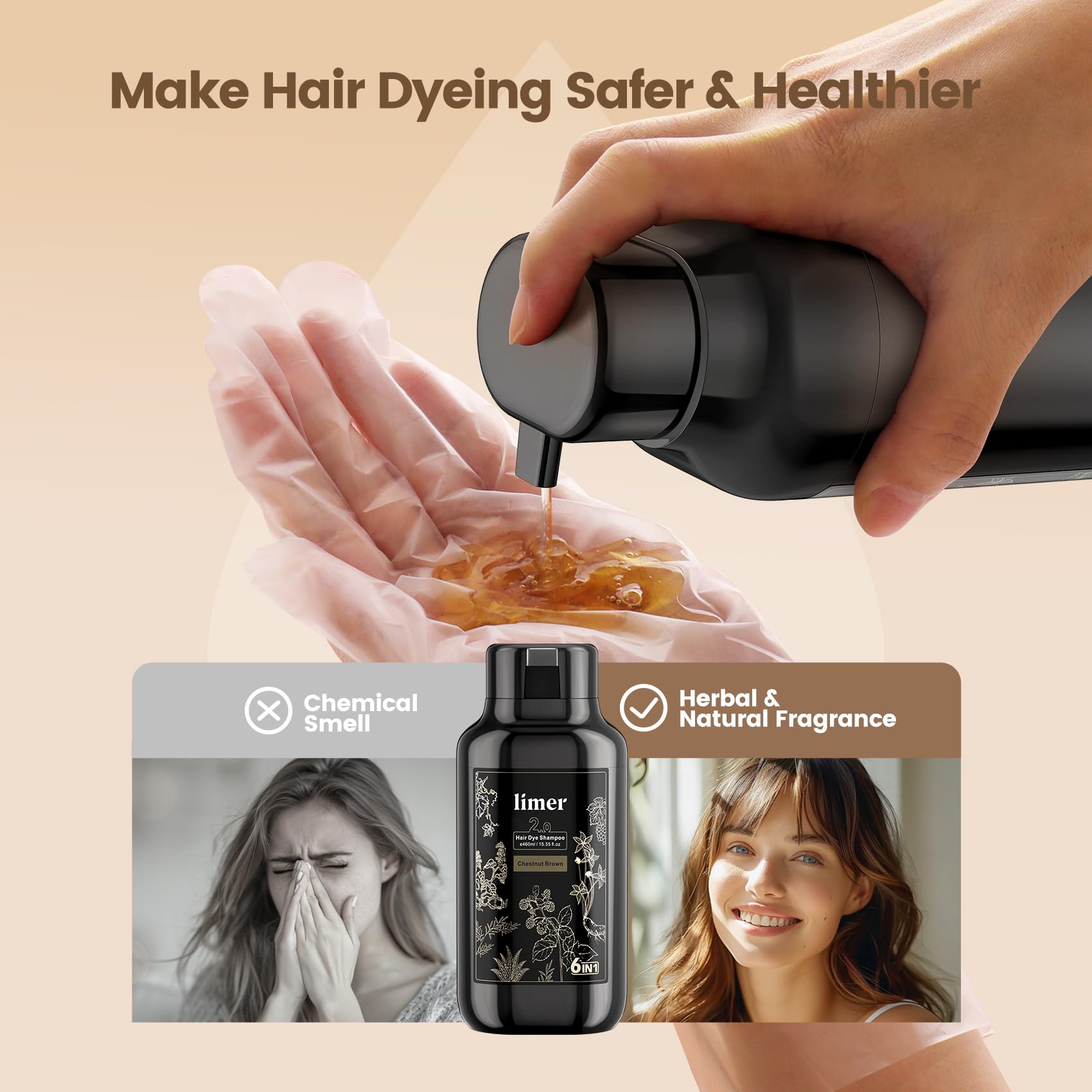 Limer Hair Dye Shampoo Coffee Color – 3-in-1, Ammonia-Free Natural Herbal Color Shampoo