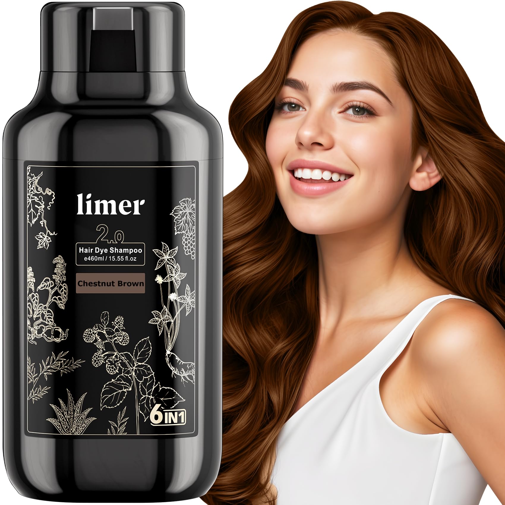 Limer Hair Dye Shampoo Chestnut Brown – 6-in-1 Ammonia-Free, 460ml