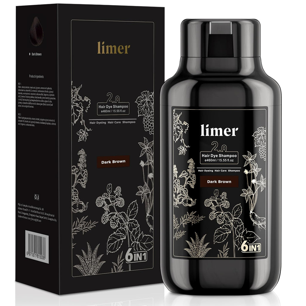 Limer Hair Dye Shampoo Dark Brown – 6-in-1 Herbal Color, Ammonia-Free, Semi-Permanent Gray Coverage (460ml)