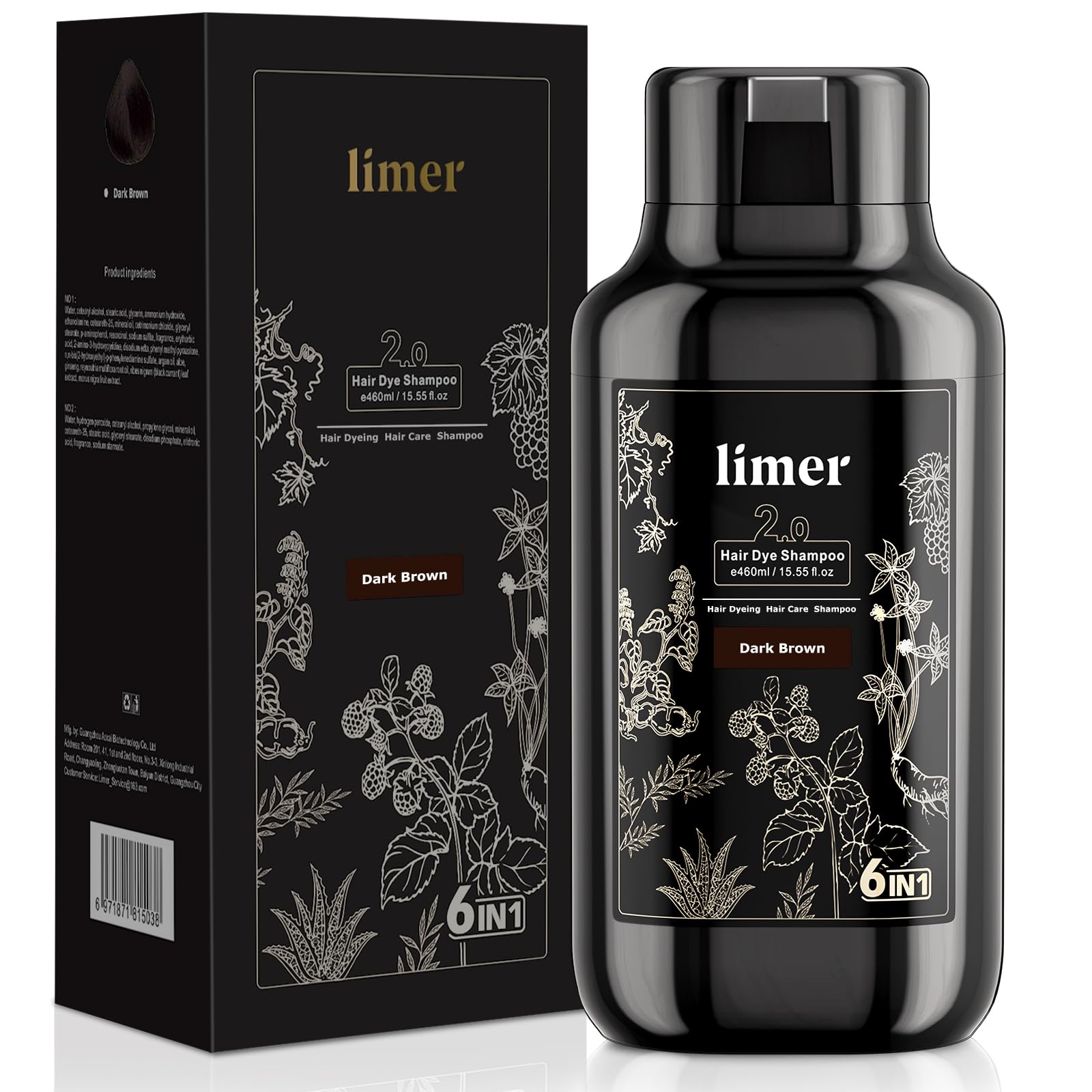 Limer Hair Dye Shampoo Dark Brown – 6-in-1 Herbal Color, Ammonia-Free, Semi-Permanent Gray Coverage (460ml)