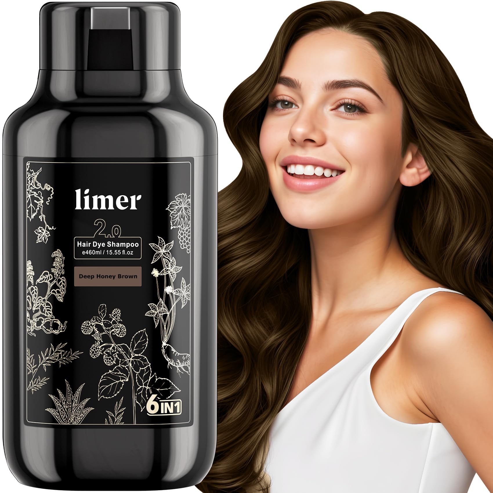 Limer Hair Dye Shampoo Deep Honey Brown – 6 in 1 Gray Coverage, Herbal Semi-Permanent