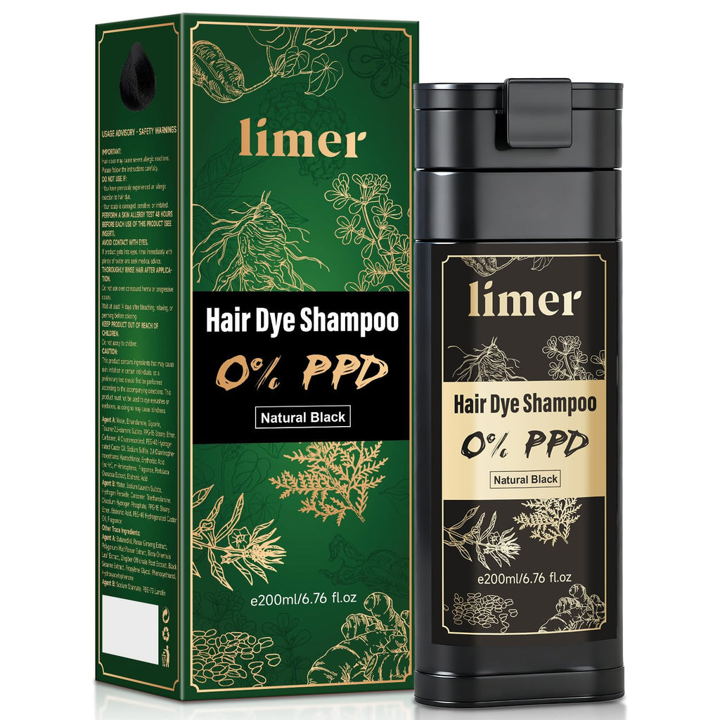 Limer Hair Dye Shampoo Natural Black Color — PPD-Free & Ammonia-Free, 6-in-1 Herbal Formula