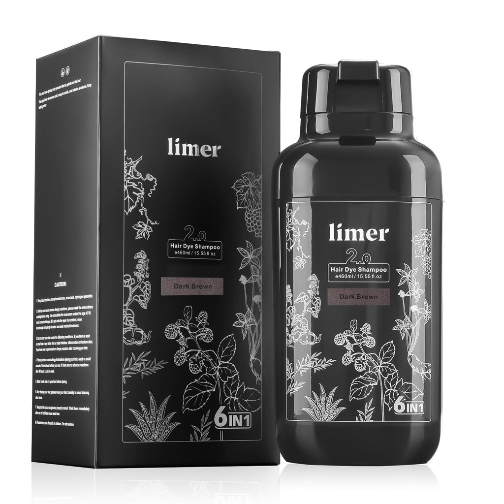 Limer Hair Dye Shampoo Dark Brown – 6-in-1 Herbal Color, Ammonia-Free, Semi-Permanent Gray Coverage (460ml)