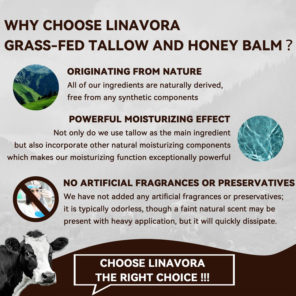 Linavora Tallow and Honey Balm – Natural Moisturizer with Grass-Fed Tallow, Honey & Vitamin E (Unscented) 4oz