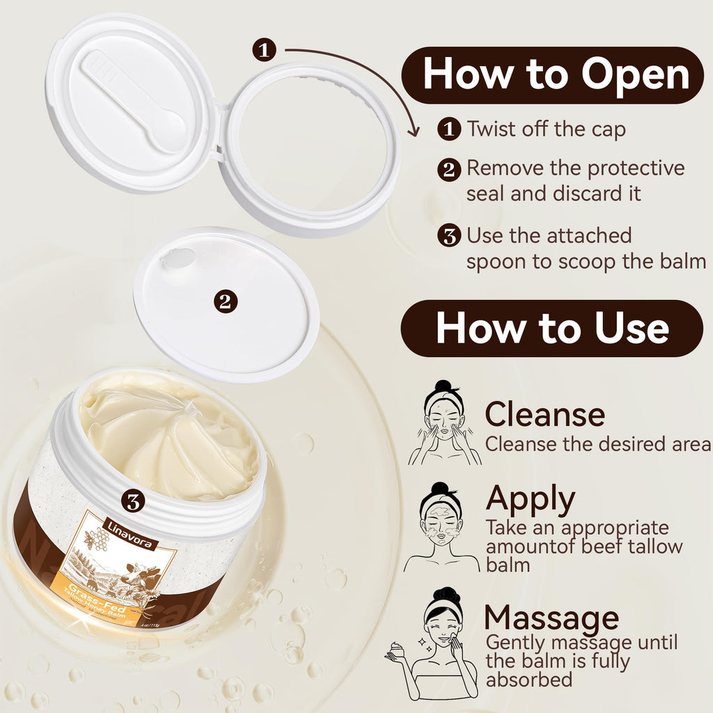 Linavora Tallow and Honey Balm – Natural Moisturizer with Grass-Fed Tallow, Honey & Vitamin E (Unscented) 4oz