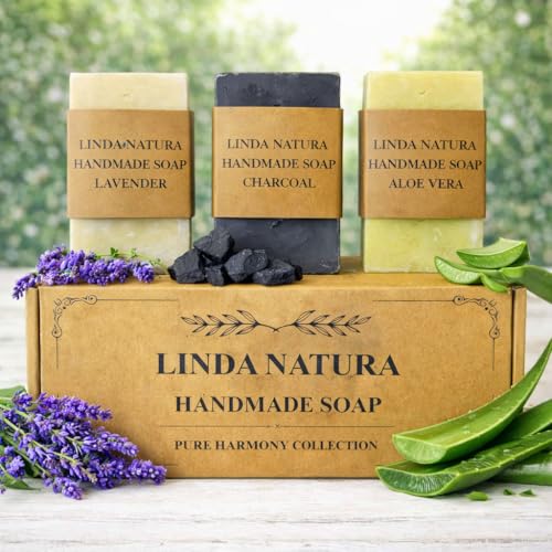LINDA NATURA Handmade Natural Bar Soap Set | Lavender, Charcoal & Aloe Vera | 3 x 120 g | Pure Harmony Collection