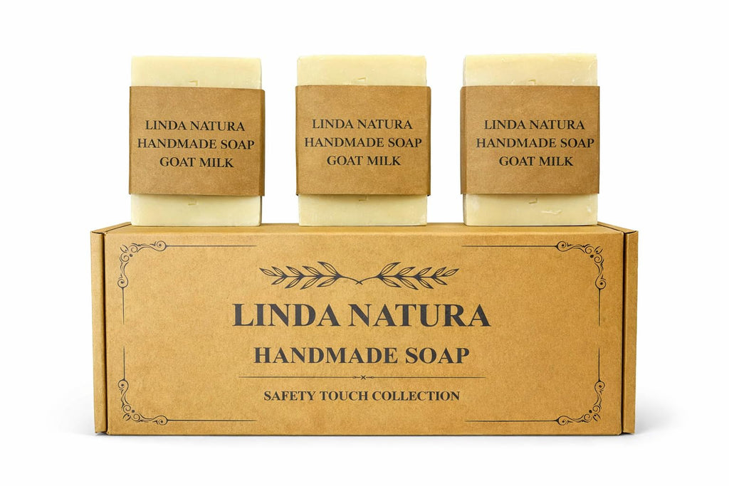 LINDA NATURA Goat Milk Soap Set | Handmade, Fragrance-Free & Colorant-Free | Cold Process | 3 × 120 g | Safety Touch Collection