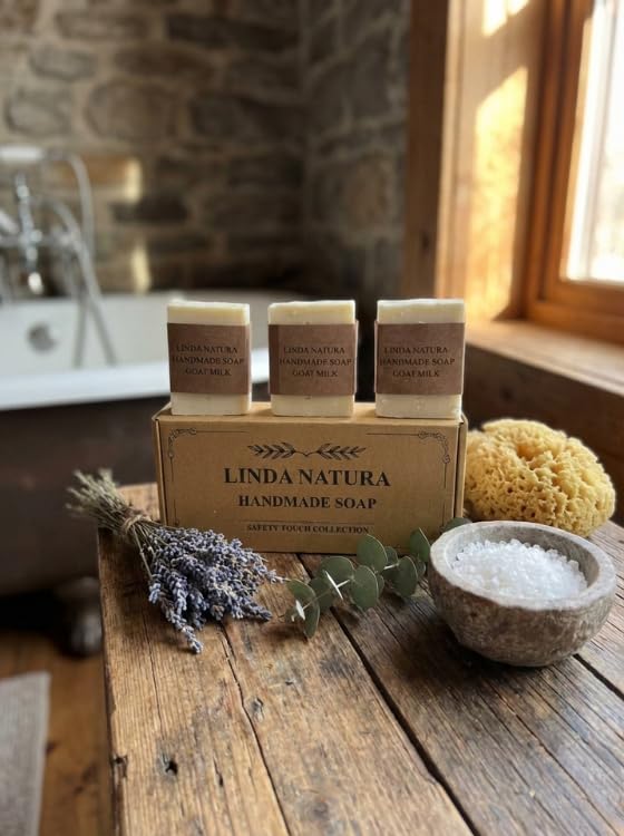 LINDA NATURA Goat Milk Soap Set | Handmade, Fragrance-Free & Colorant-Free | Cold Process | 3 × 120 g | Safety Touch Collection