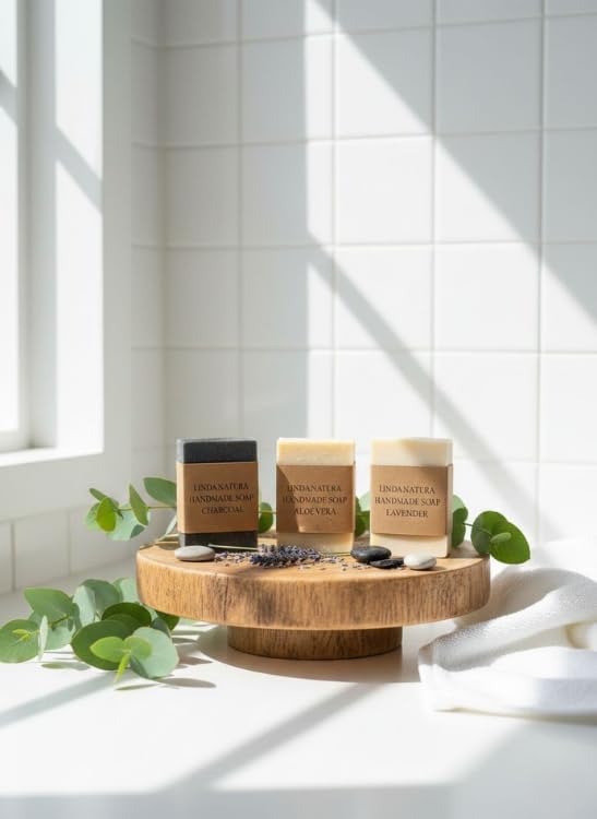 LINDA NATURA Handmade Natural Bar Soap Set | Lavender, Charcoal & Aloe Vera | 3 x 120 g | Pure Harmony Collection