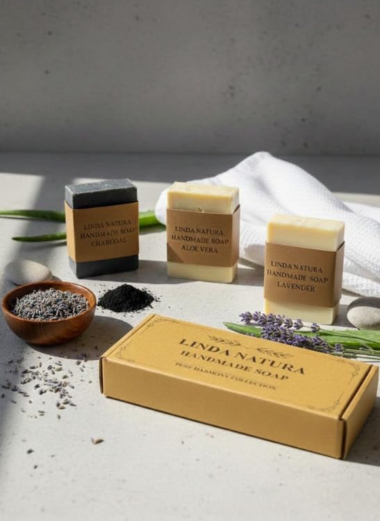 LINDA NATURA Handmade Natural Bar Soap Set | Lavender, Charcoal & Aloe Vera | 3 x 120 g | Pure Harmony Collection