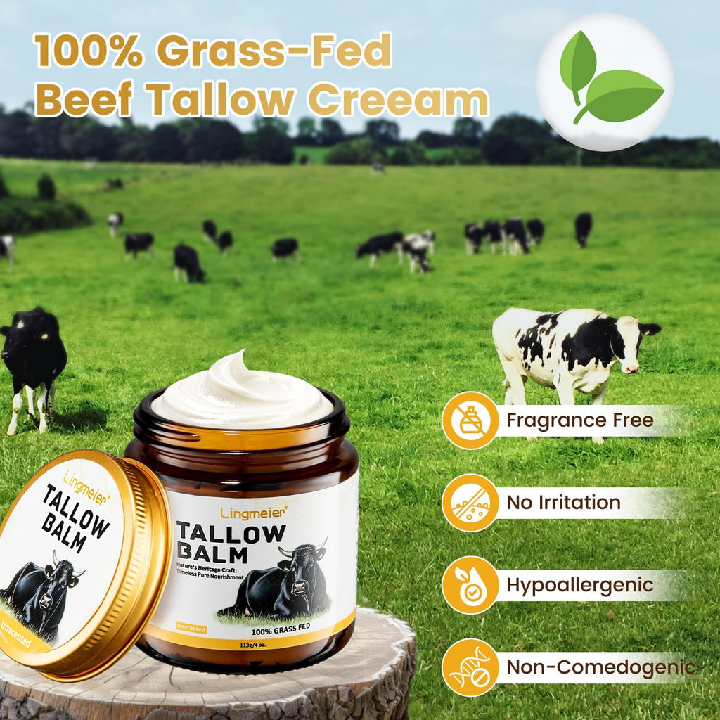 Lingmeier Beef Tallow Balm - Unscented Whipped Tallow with Grass Fed Beef Tallow & Honey | Natural Moisturizer for Dry and Sensitive Skin