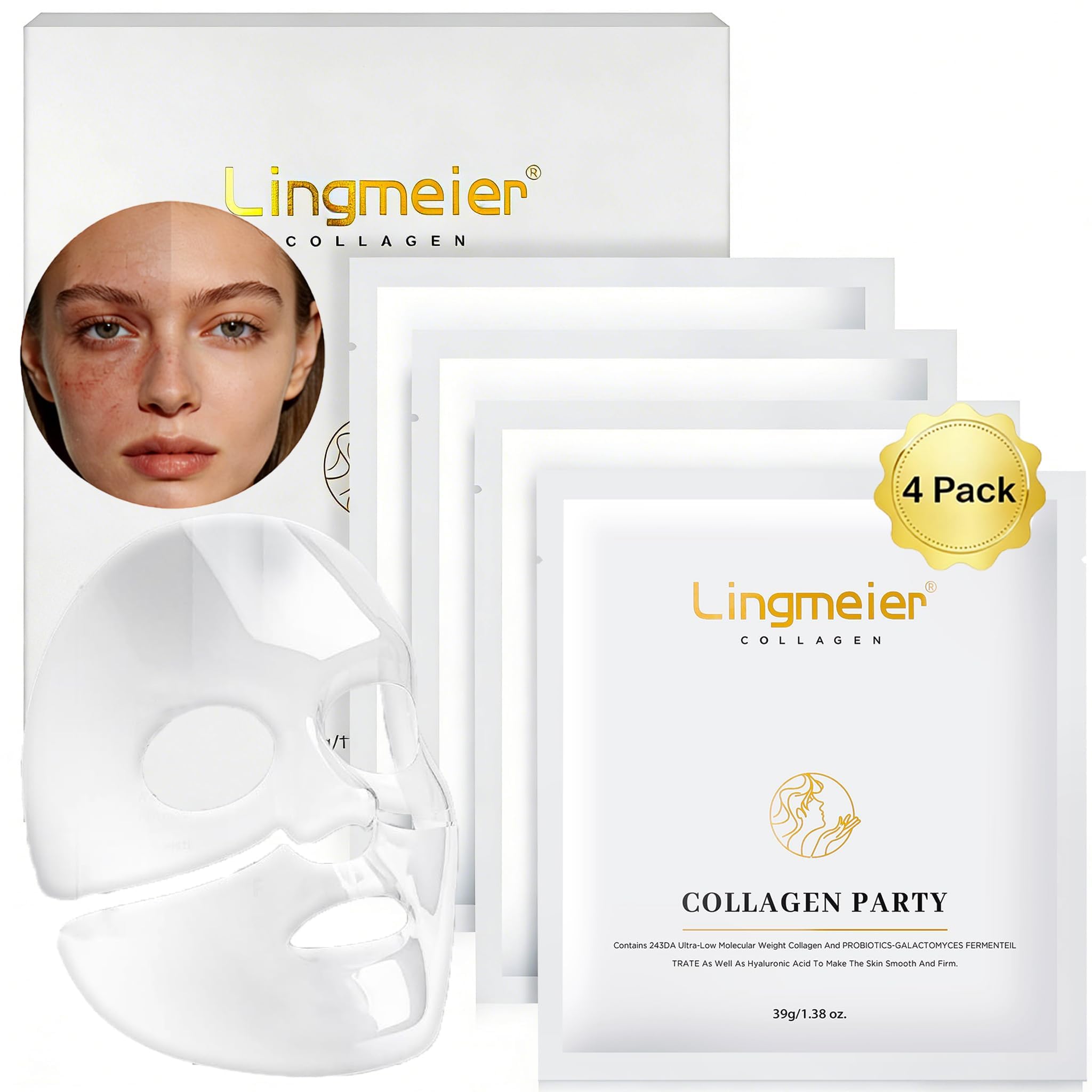 Lingmeier Hydrating Overnight Collagen Mask – 4 Sheets for Deep Moisture, Elasticity & Pore Refinement