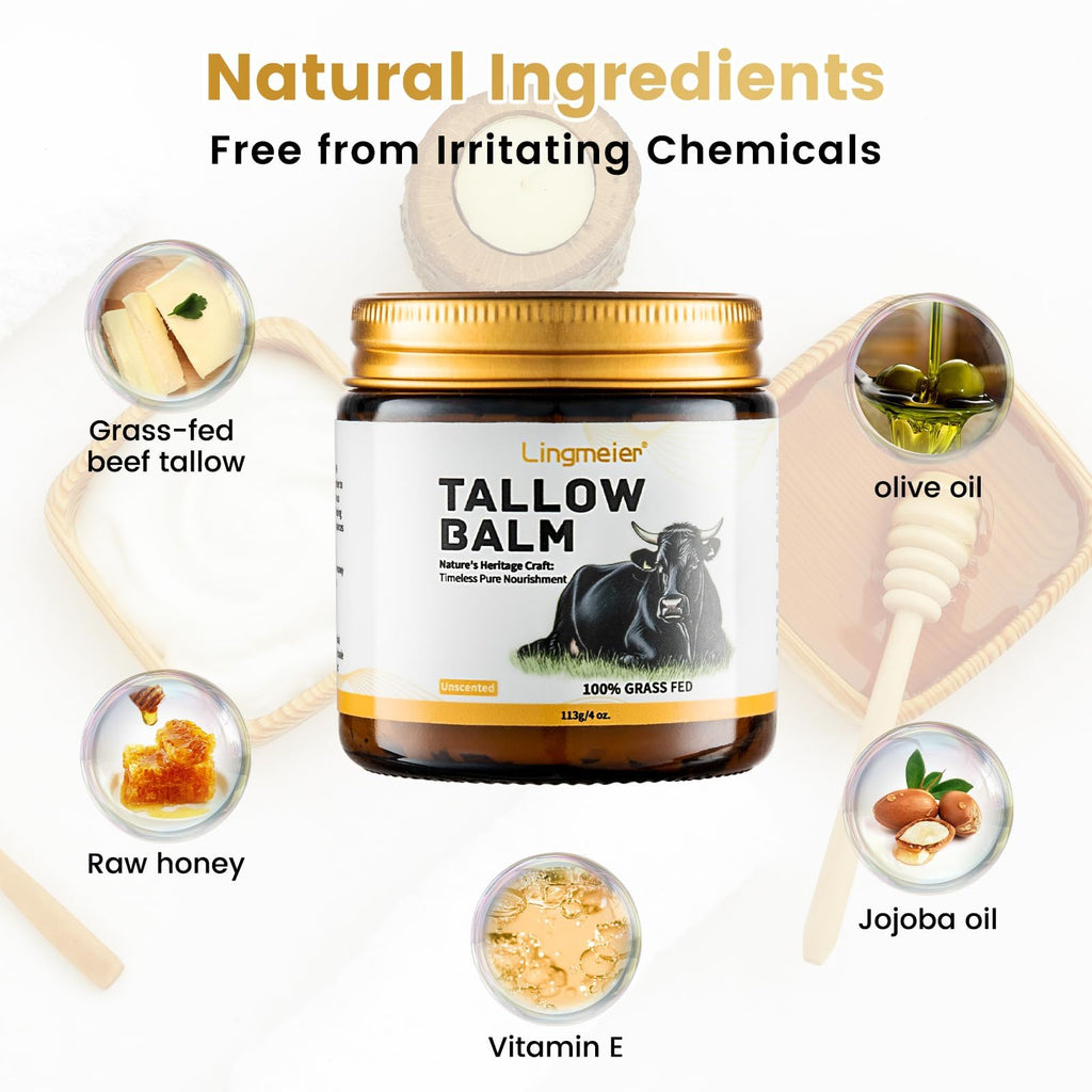 Lingmeier Beef Tallow Balm - Unscented Whipped Tallow with Grass Fed Beef Tallow & Honey | Natural Moisturizer for Dry and Sensitive Skin