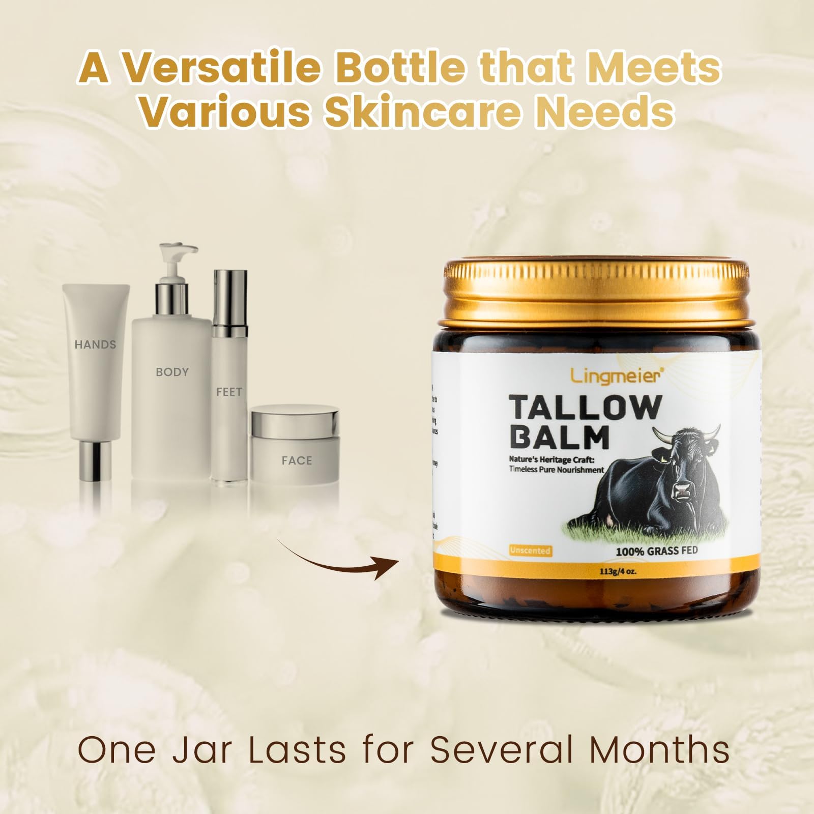 Lingmeier Beef Tallow Balm - Unscented Whipped Tallow with Grass Fed Beef Tallow & Honey | Natural Moisturizer for Dry and Sensitive Skin