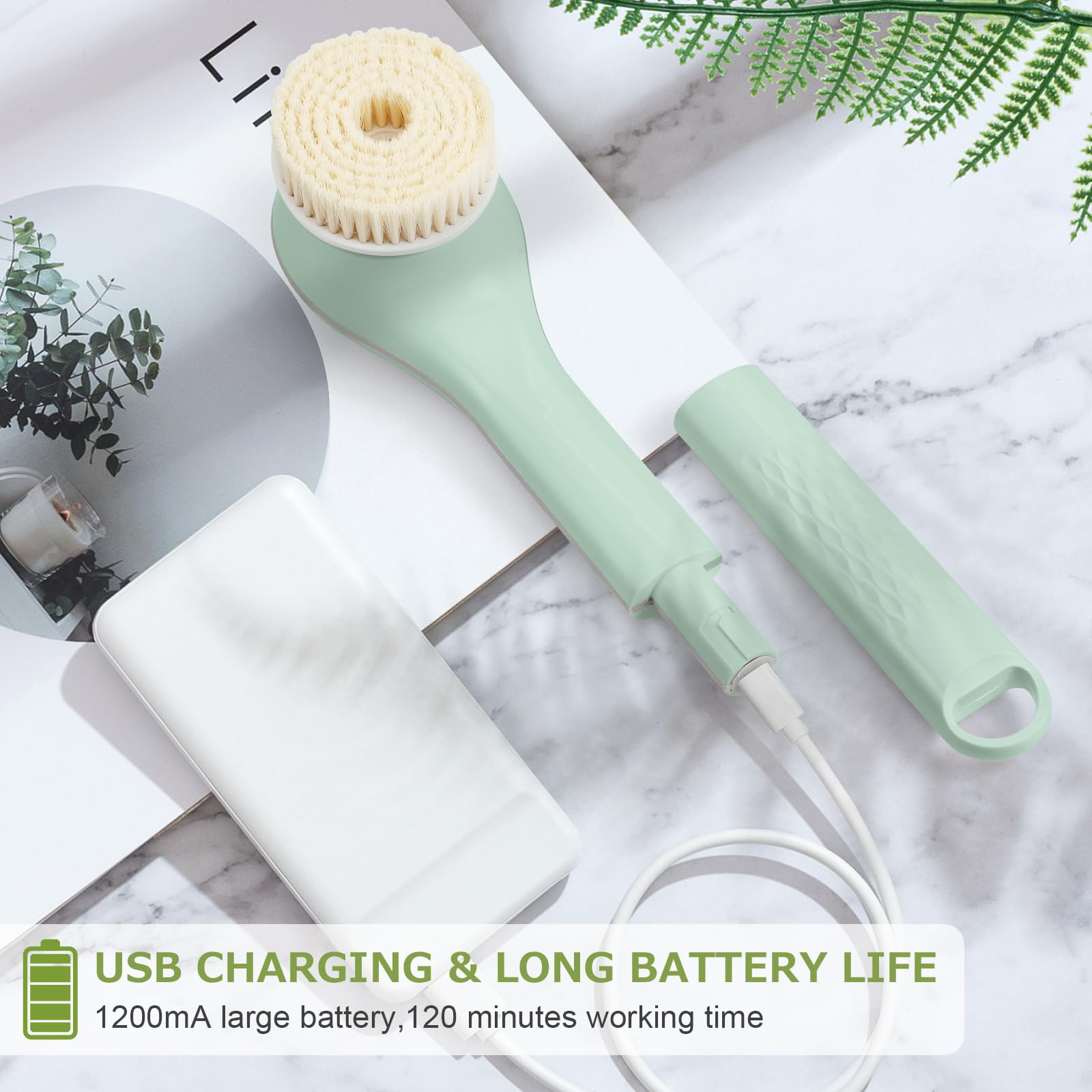 LINGSFIRE Electric Body Bath Brush – 6 Heads, 14.5" Handle, IPX7 Waterproof, Rechargeable