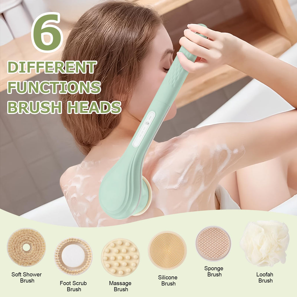 LINGSFIRE Electric Body Bath Brush – 6 Heads, 14.5" Handle, IPX7 Waterproof, Rechargeable