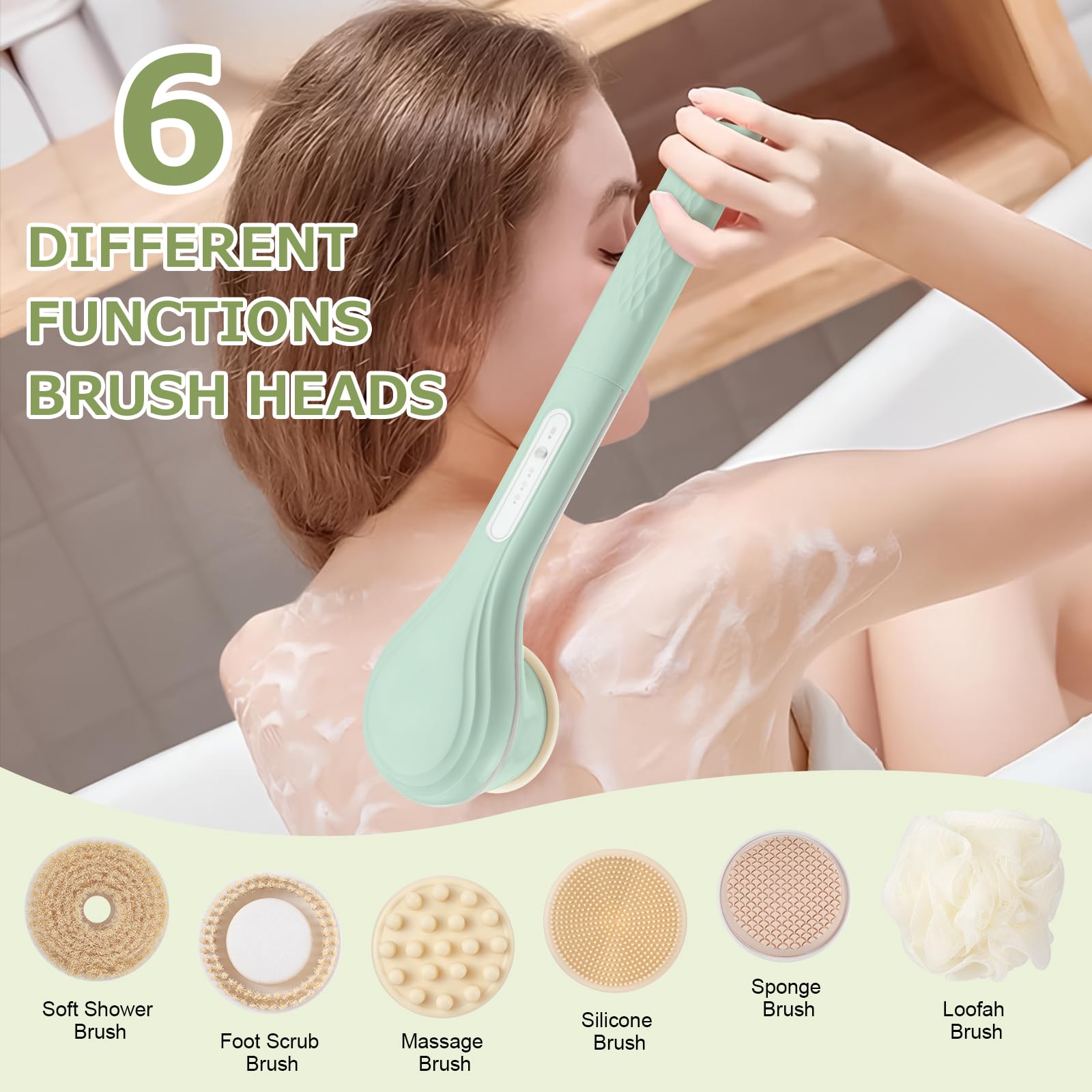 LINGSFIRE Electric Body Bath Brush – 6 Heads, 14.5" Handle, IPX7 Waterproof, Rechargeable