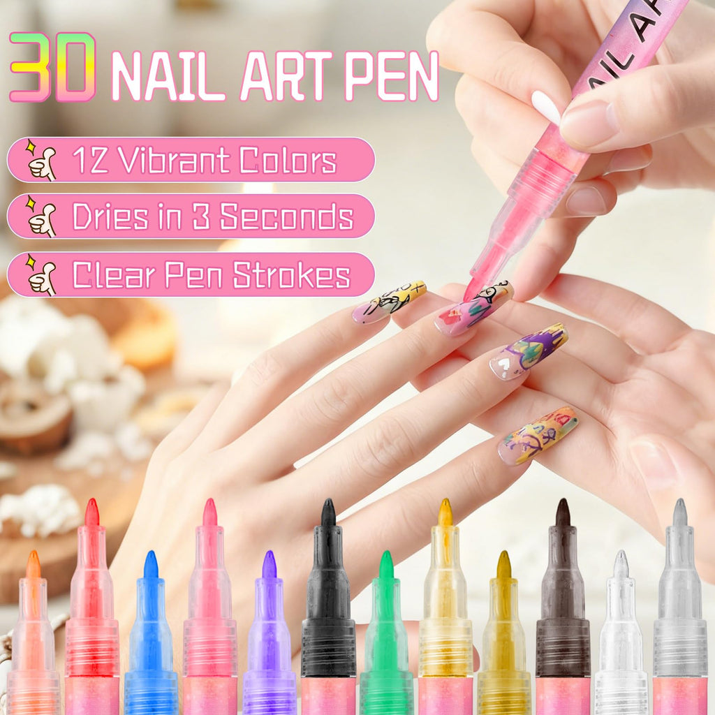 Linyuant 12 Colors Nail Art Pens Set | 3D Nail Polish Pens, Quick Dry