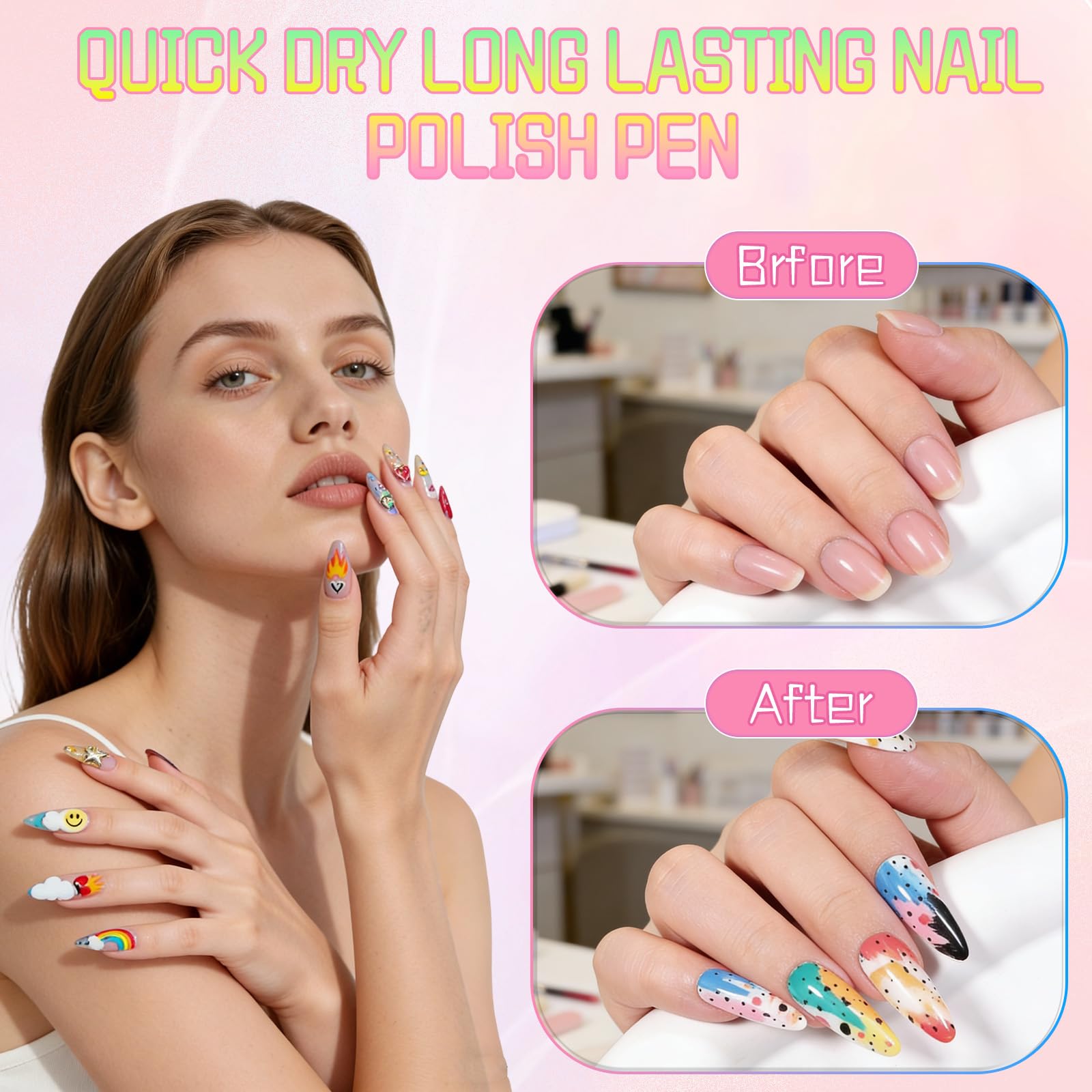 Linyuant 12 Colors Nail Art Pens Set | 3D Nail Polish Pens, Quick Dry