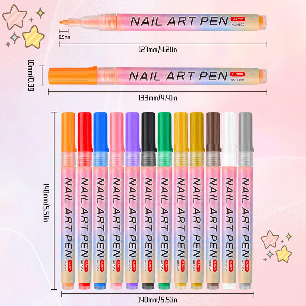 Linyuant 12 Colors Nail Art Pens Set | 3D Nail Polish Pens, Quick Dry