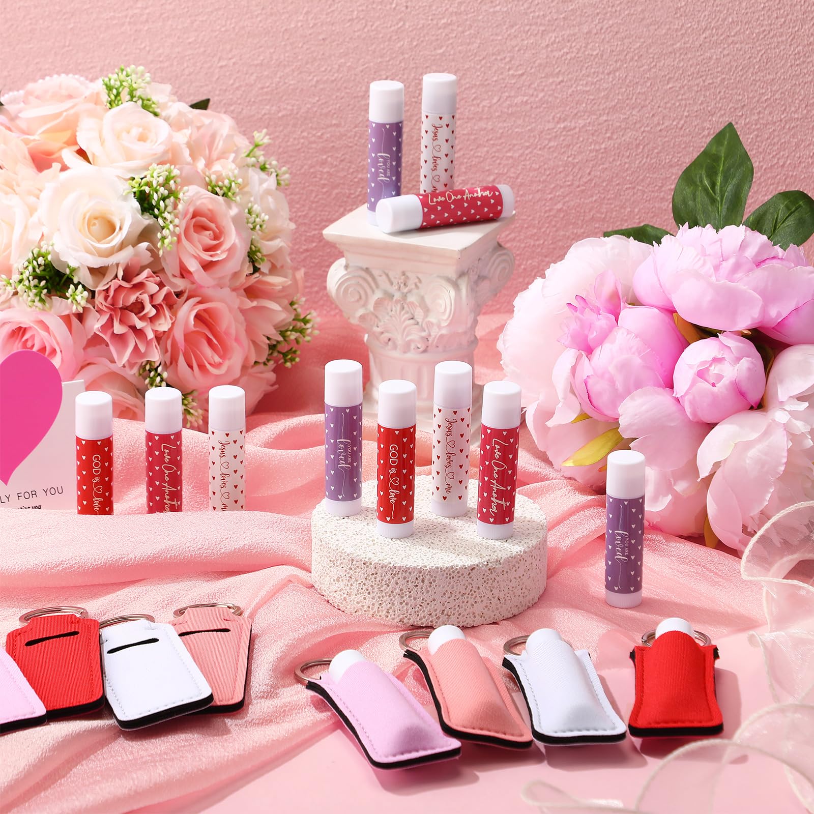 Linyuthia 20-Set Galentines Lip Balms & Leather Lipstick Holder Keychains (4 Styles) – Christian Valentine Gift
