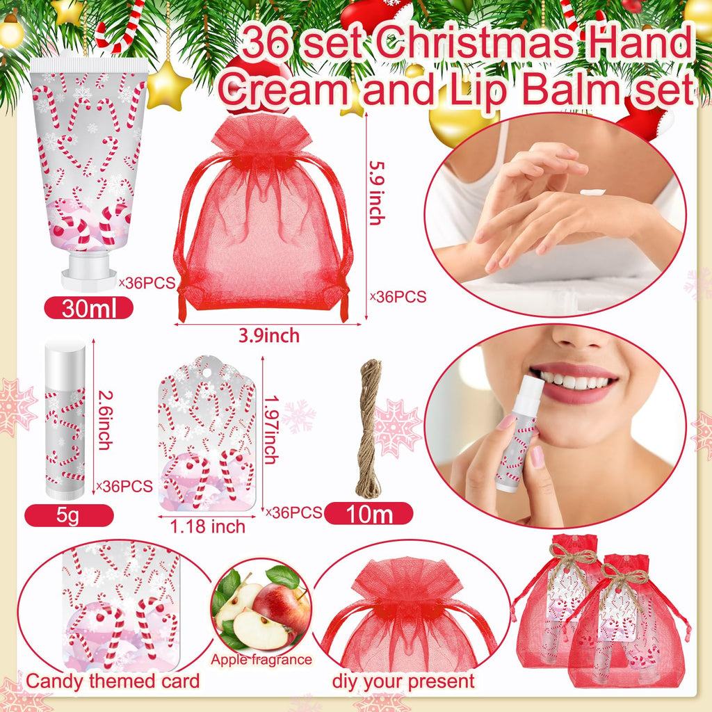 Linyuthia 36-Pack Candy Cane Hand Cream & Lip Balm Gifts Set – Xmas Party Favors
