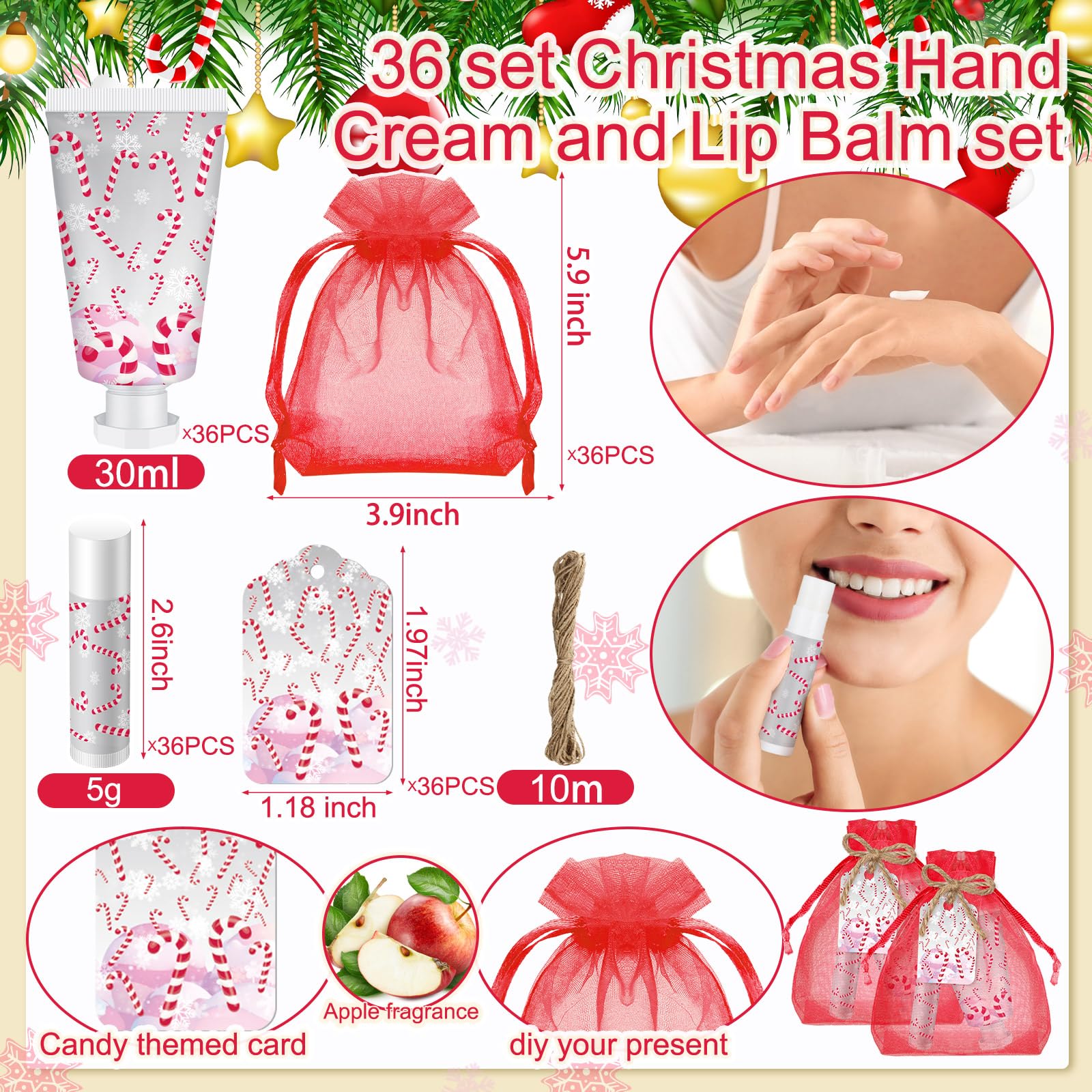 Linyuthia 36-Pack Candy Cane Hand Cream & Lip Balm Gifts Set – Xmas Party Favors