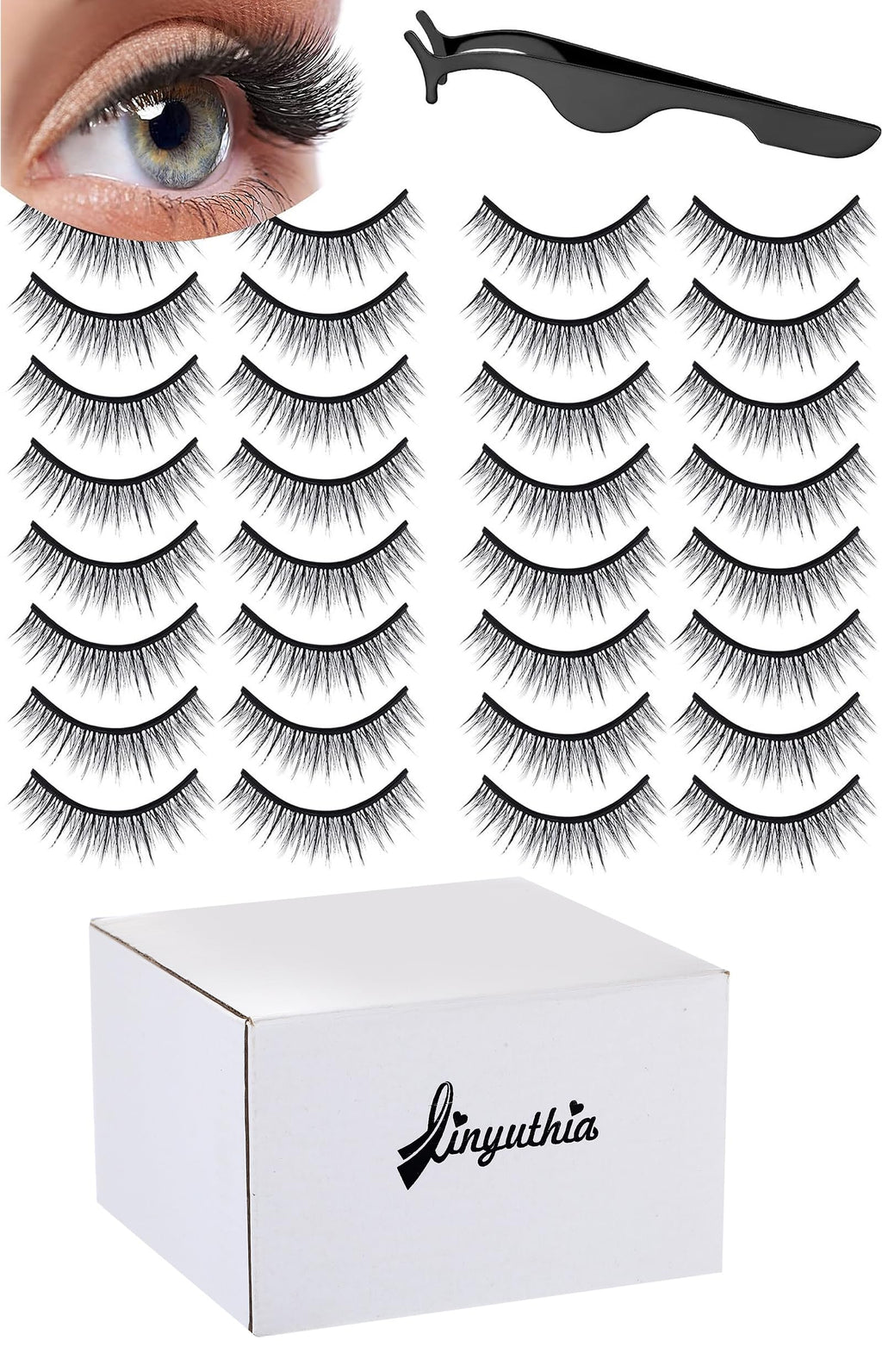 Linyuthia 16 Pair Reusable Self-Adhesive Eyelashes – Natural Look, Waterproof