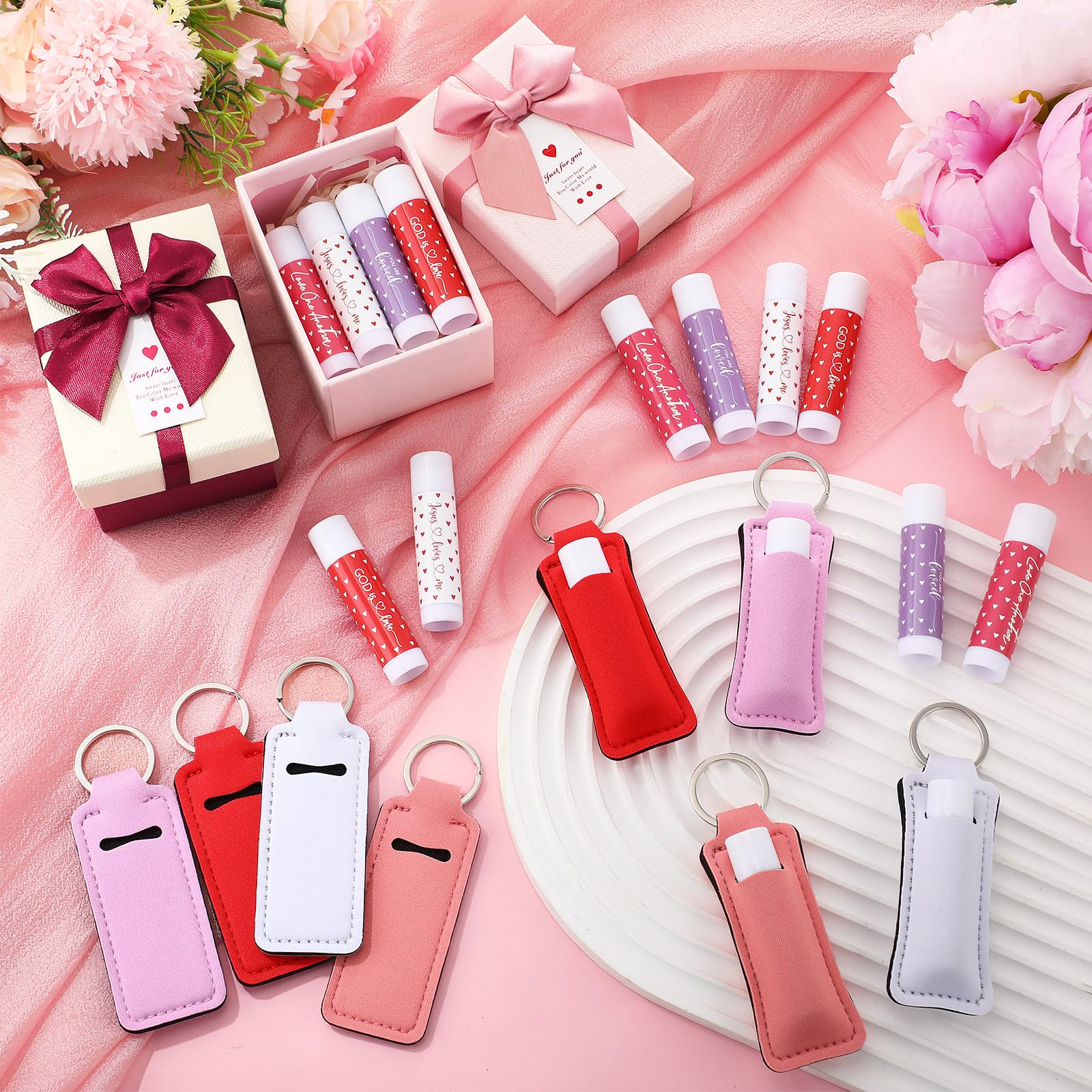 Linyuthia 20-Set Galentines Lip Balms & Leather Lipstick Holder Keychains (4 Styles) – Christian Valentine Gift