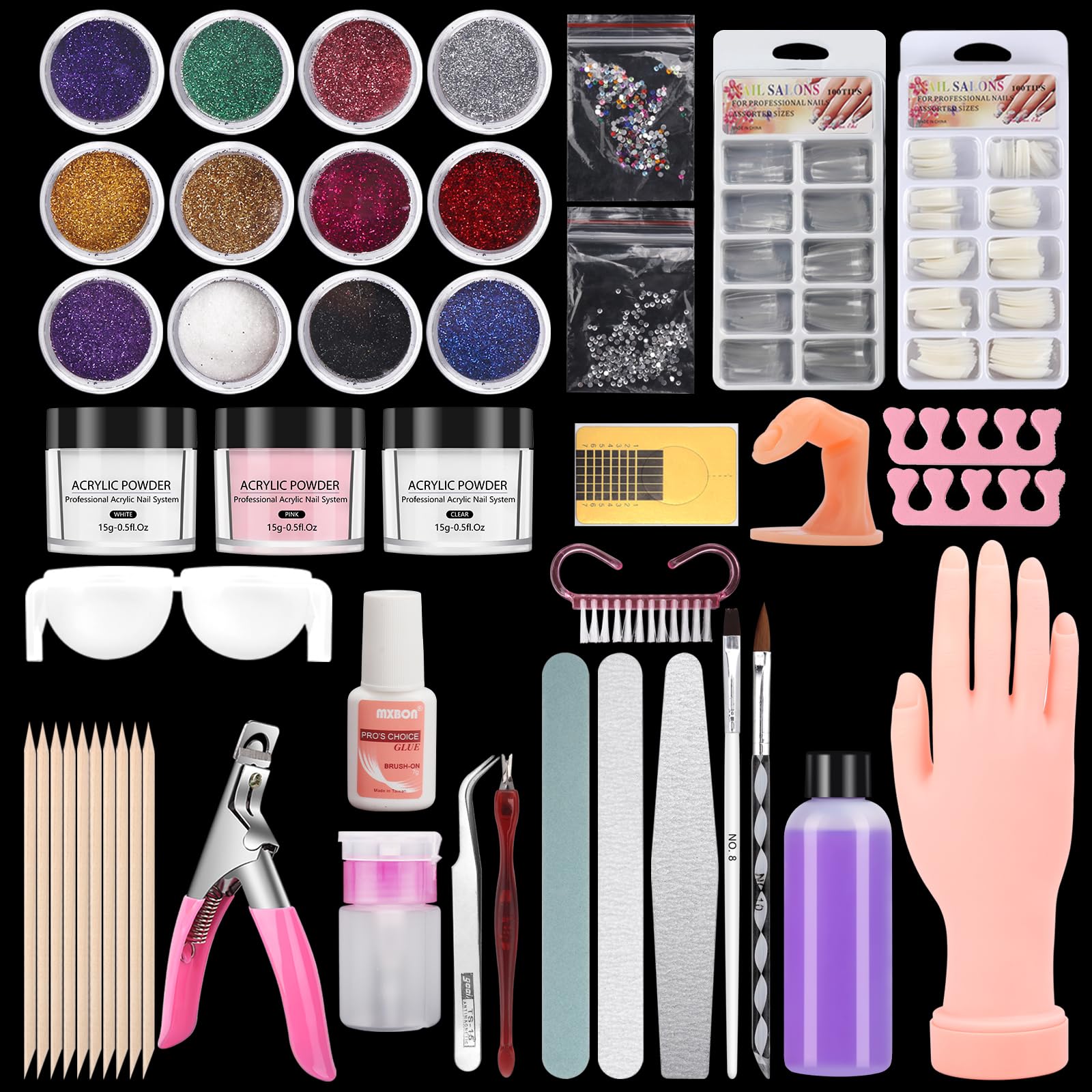 LIONVISION Practice Hand for Acrylic Nails — Nail Training Kit with 12-Color Powder & Liquid