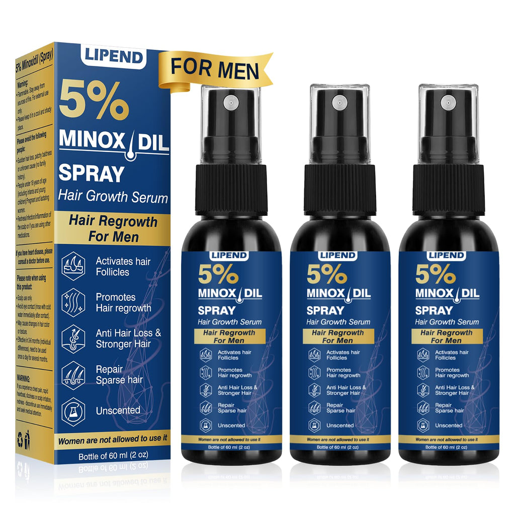 LIPEND 5% Minoxidil for Men Hair Growth Spray — Beards & Scalp, 3 x 2oz