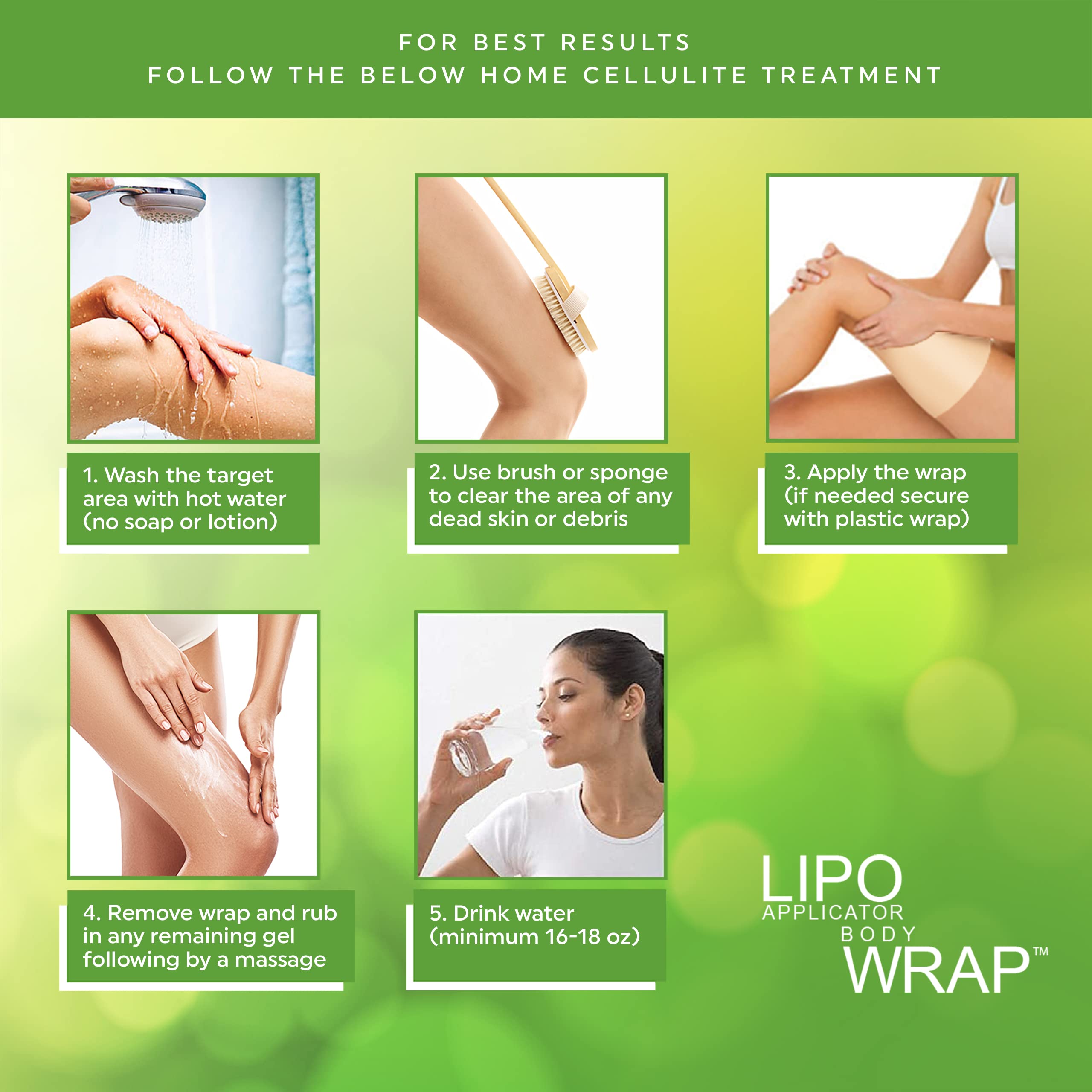 Lipo Applicator Body Wrap with Guarana, Green Tea & Seaweed | 6 Wraps + Gel