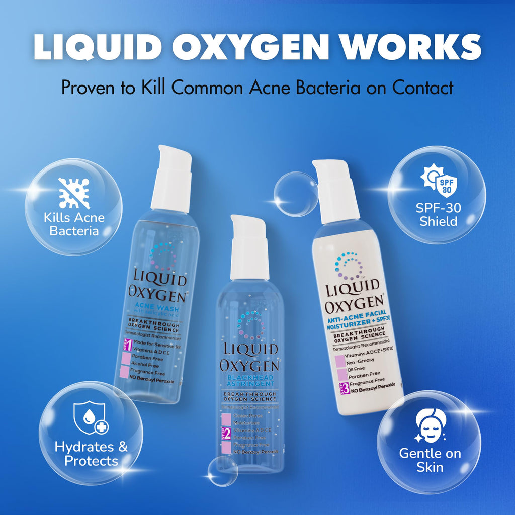 Liquid Oxygen Acne Treatment System for Clearer Skin | Oxygen-Infused 3-Step Kit (Wash, Toner & SPF 30 Moisturizer) | Dermatologist-Recommended