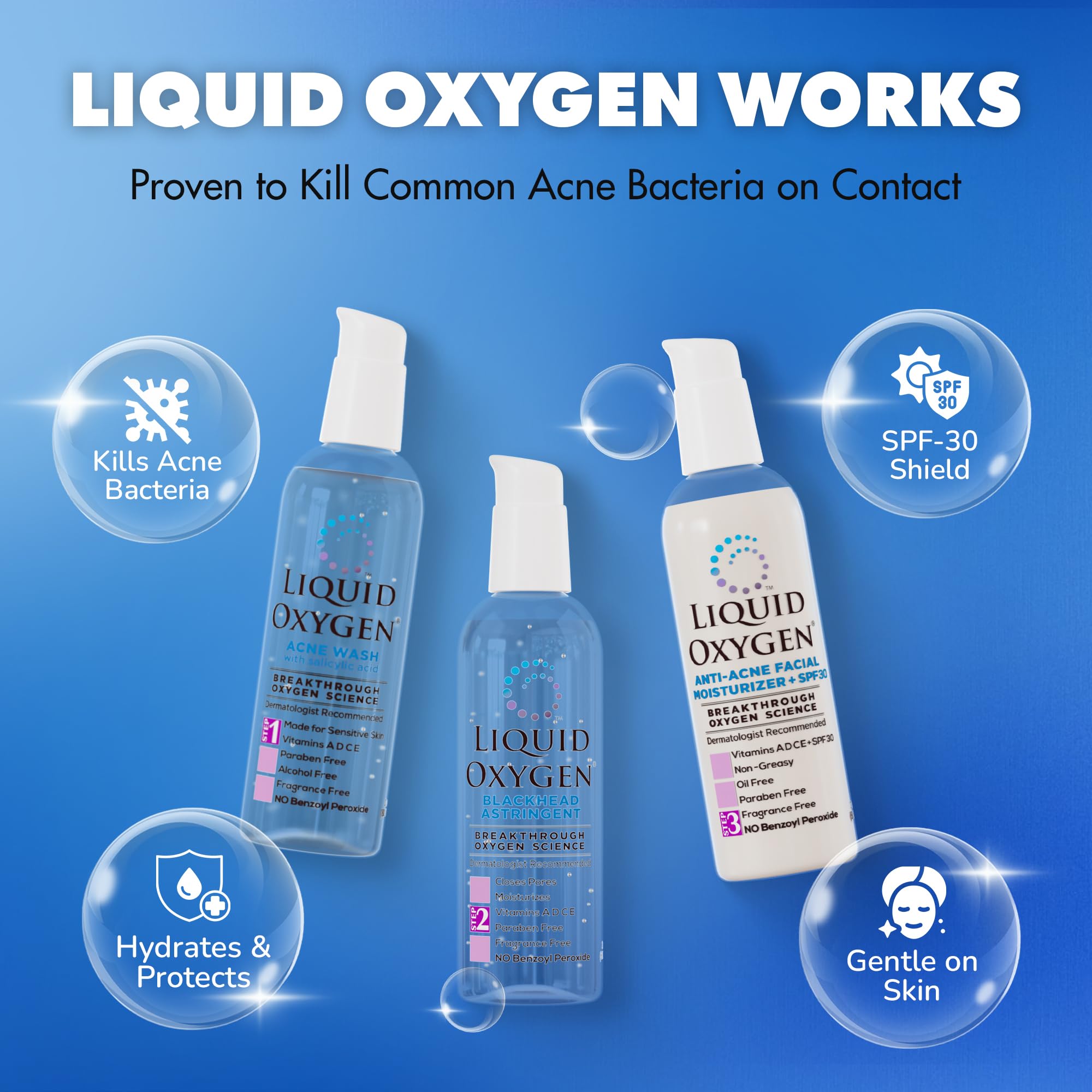 Liquid Oxygen Acne Treatment System for Clearer Skin | Oxygen-Infused 3-Step Kit (Wash, Toner & SPF 30 Moisturizer) | Dermatologist-Recommended
