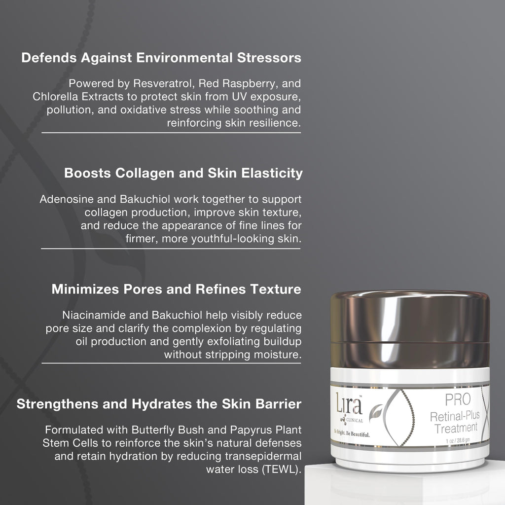 Lira Clinical PRO Retinal-Plus Treatment - Retinol Cream with Hyaluronic Acid, Salicylic Acid & Vitamin C - Reduces Fine Lines | All Skin Types | 1 fl oz