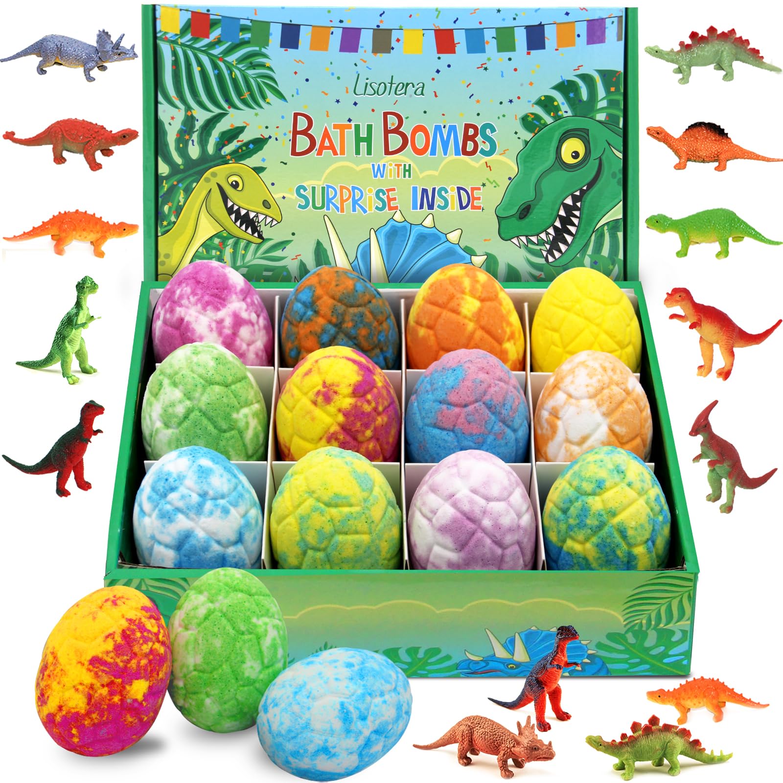 Lisotera Easter Bath Bombs for Kids with Surprise Toys Inside – 12pc Dino Egg Gift Set