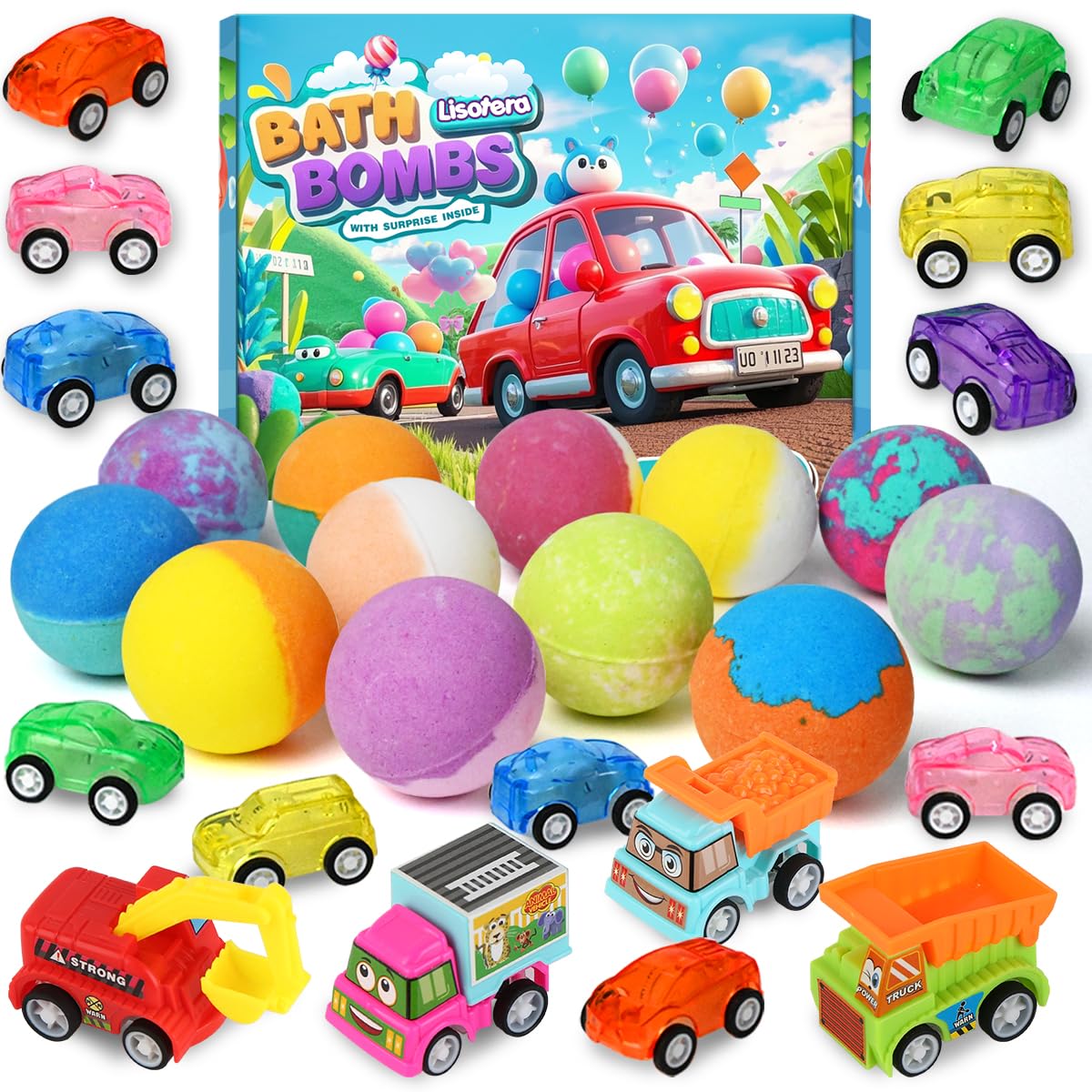 Lisotera Kids Bath Bombs with Toys Inside – 9-Piece Set with Cars & Vehicles