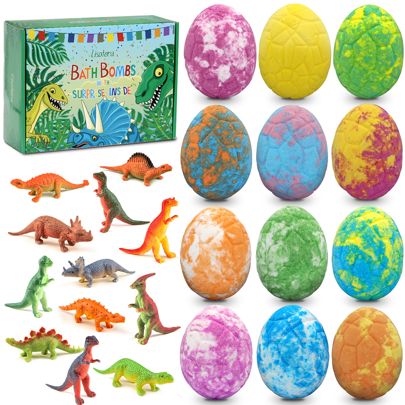 Lisotera Easter Bath Bombs for Kids with Surprise Toys Inside – 12pc Dino Egg Gift Set