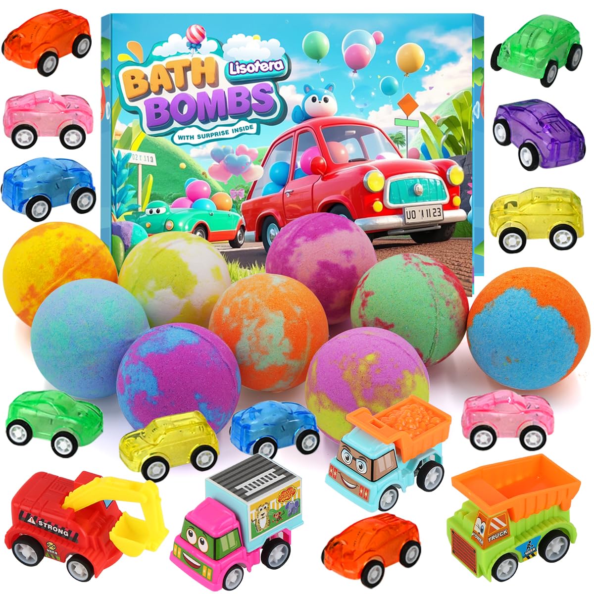 Lisotera Kids Bath Bombs with Toys Inside – 9-Piece Set with Cars & Vehicles