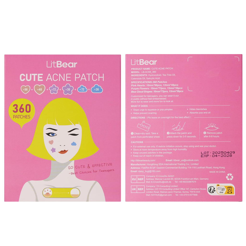LitBear Acne Pimple Patch – 360 Dots, 3 Shapes, Salicylic Acid, Tea Tree & Calendula