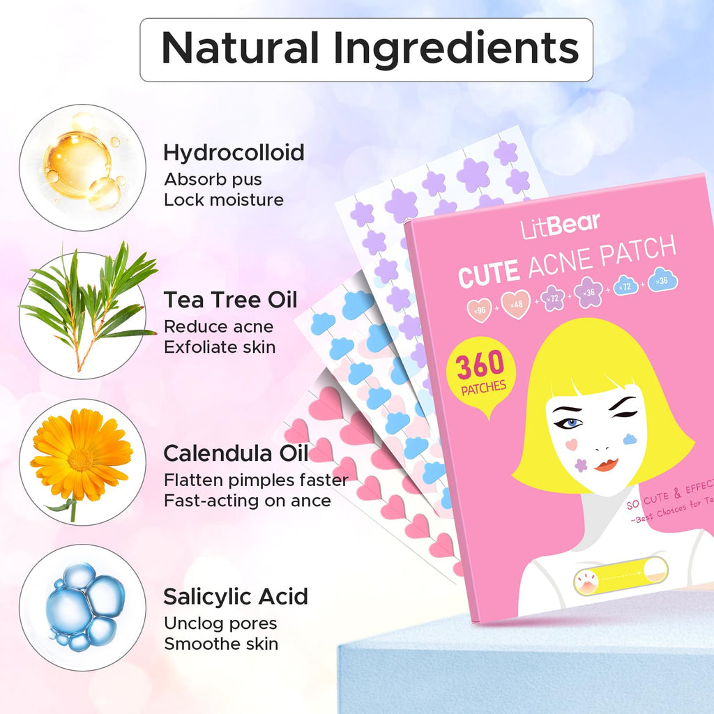 LitBear Acne Pimple Patch – 360 Dots, 3 Shapes, Salicylic Acid, Tea Tree & Calendula