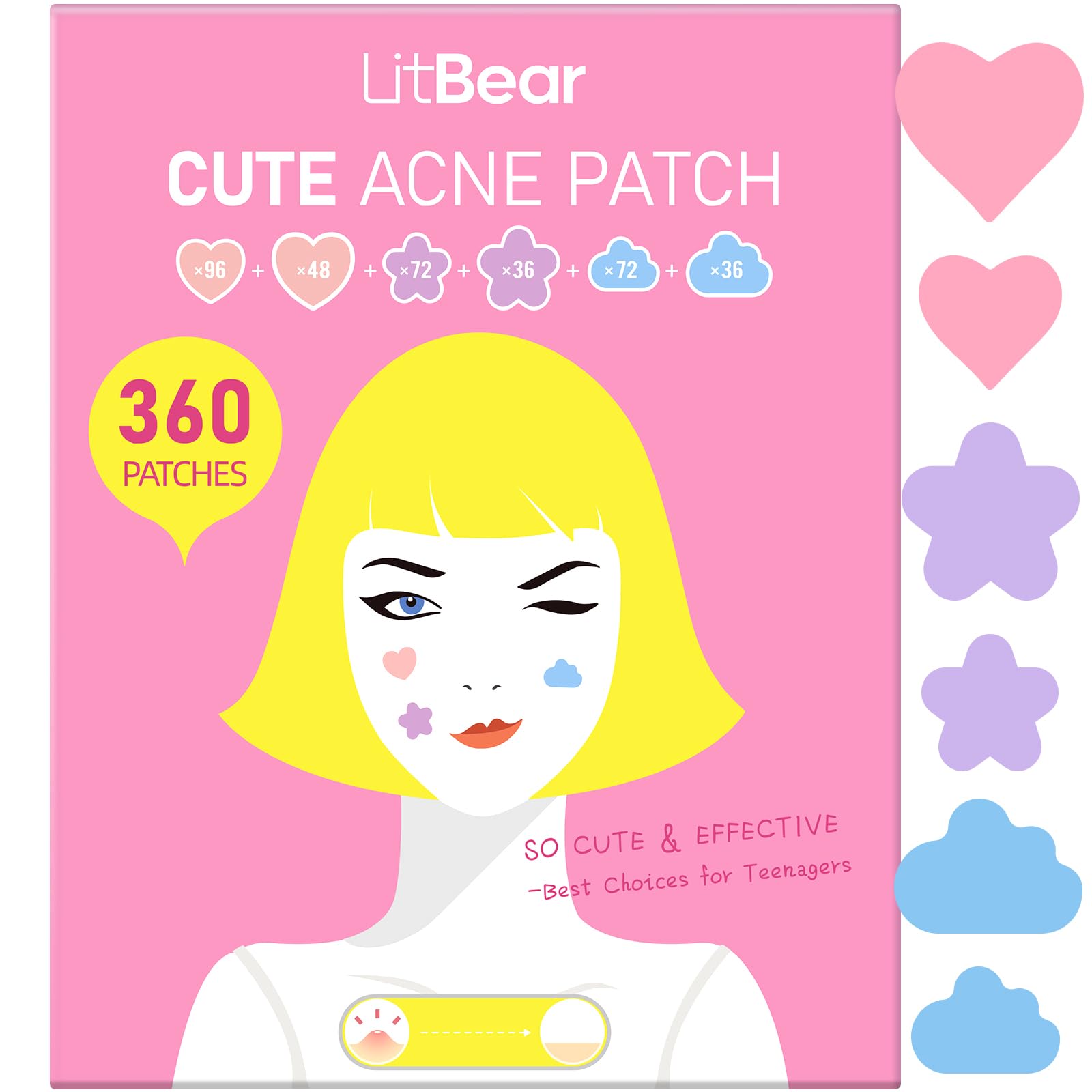 LitBear Acne Pimple Patch – 360 Dots, 3 Shapes, Salicylic Acid, Tea Tree & Calendula