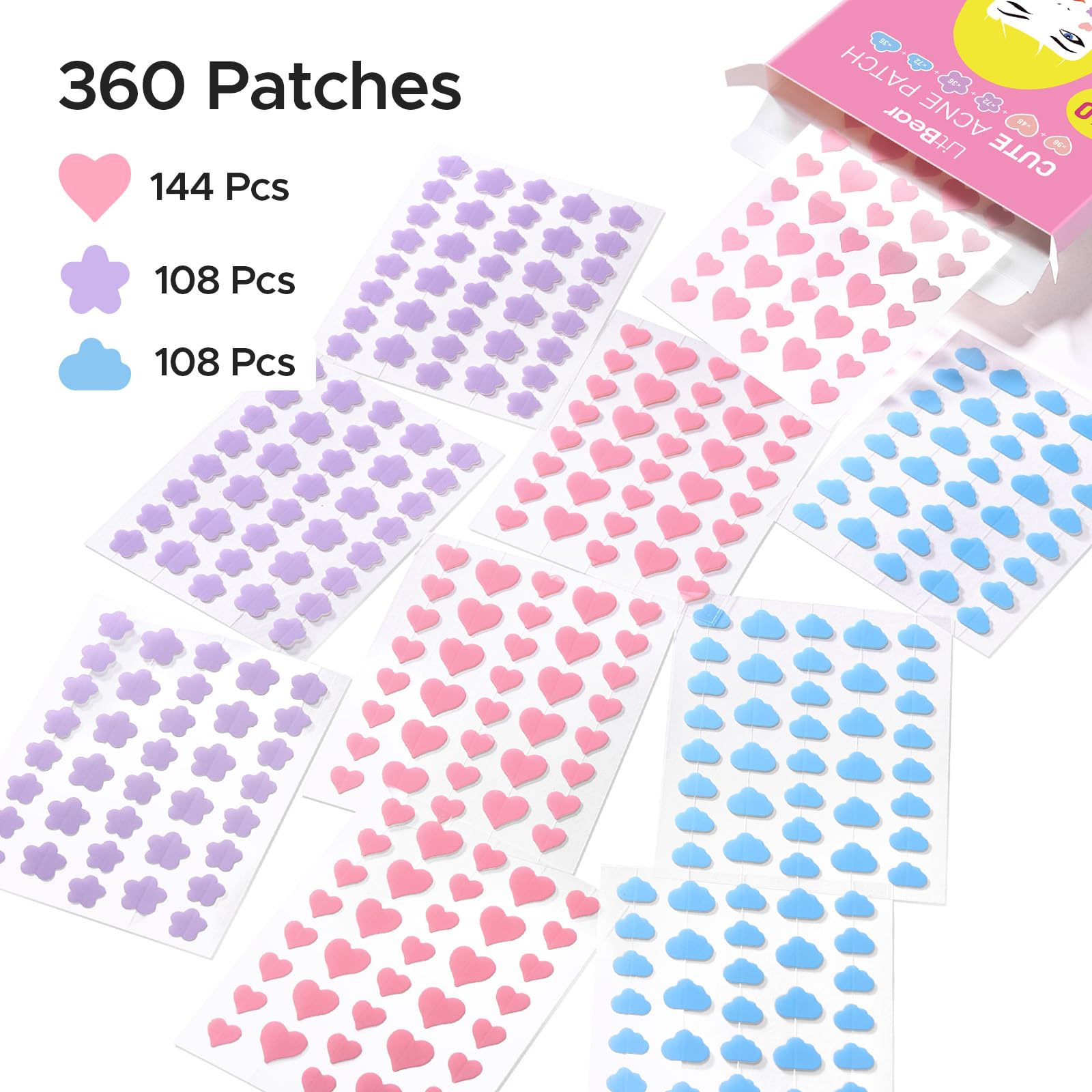 LitBear Acne Pimple Patch – 360 Dots, 3 Shapes, Salicylic Acid, Tea Tree & Calendula