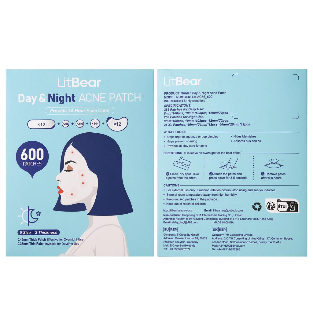 LitBear Pimple Patches – 600 Count Day & Night Hydrocolloid Acne Patches (5 Sizes)