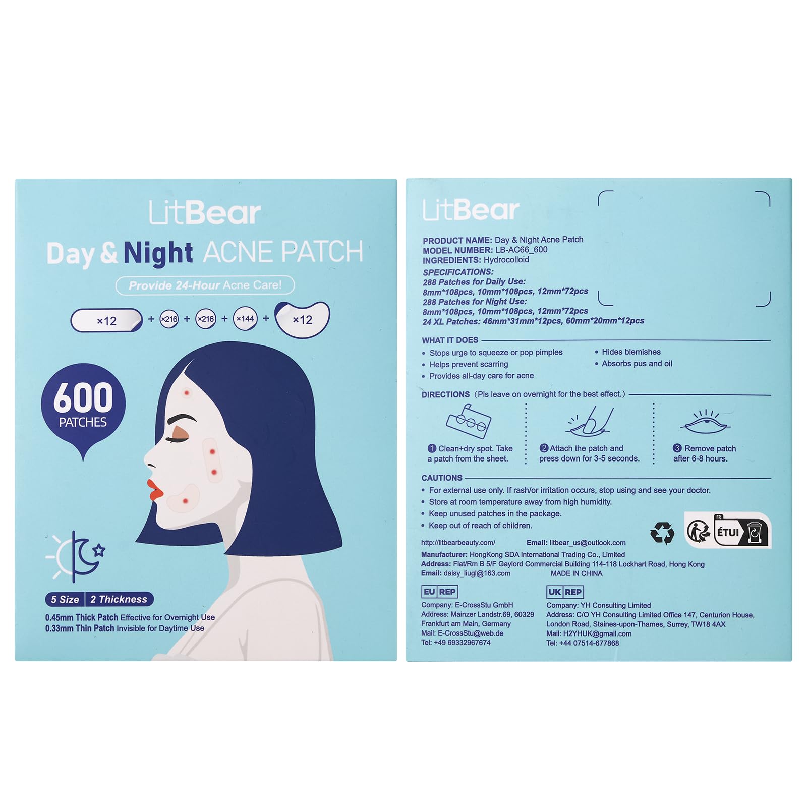 LitBear Pimple Patches – 600 Count Day & Night Hydrocolloid Acne Patches (5 Sizes)