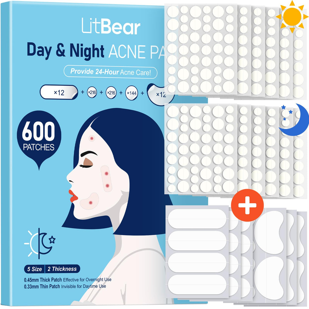 LitBear Pimple Patches – 600 Count Day & Night Hydrocolloid Acne Patches (5 Sizes)